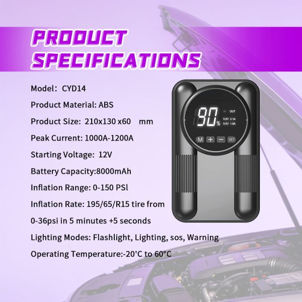 8000mAh Battery Car Jump Starter with 150PSI Tire Inflator and 1200A Peak Starting Power