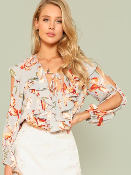 Blusa das mulheres do verão da cópia floral da forma com plissado