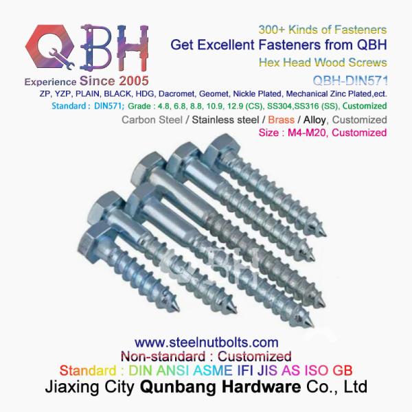 QBH DIN 571 YZP ZP WZP BZP Yellow White Blue Zinc Plated Carbon Steel Hex Wood Screws