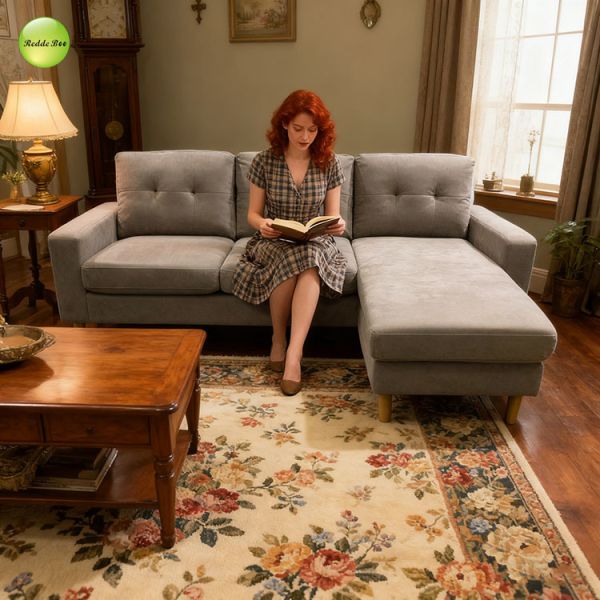 Breathable Tufted Corduroy Fabric L Shaped Sectional Sofa Light Gray