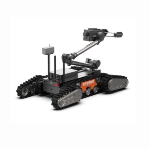 Robot de déminage de taille moyenne avec bras robotique à 6 degrés de liberté, capacité de levage maximale de 55 kg et capacité de franchissement de pente de 35°