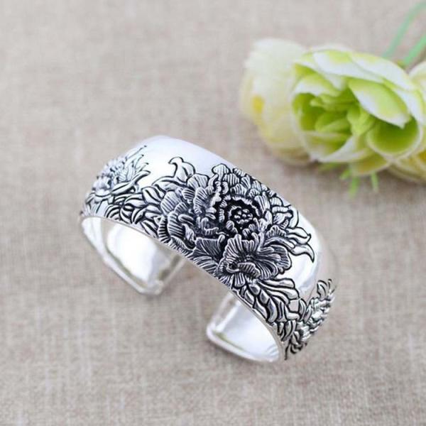 Retro Vintage 925 Sterling Silver Wide Cuff Bracelet Engraved Flower (XH042025)