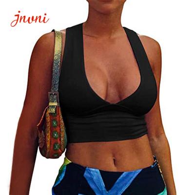 215gsm Women'S Sexy Deep V Neck Bra Back Cutout Wide Hem Racerback Tank Crop Tops