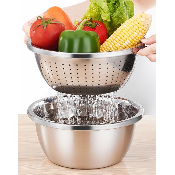 Customized Logo Versatile Kitchen Strainer 304 Stainless Steel Microporous Colander Rice Washing Bowl Set 550g