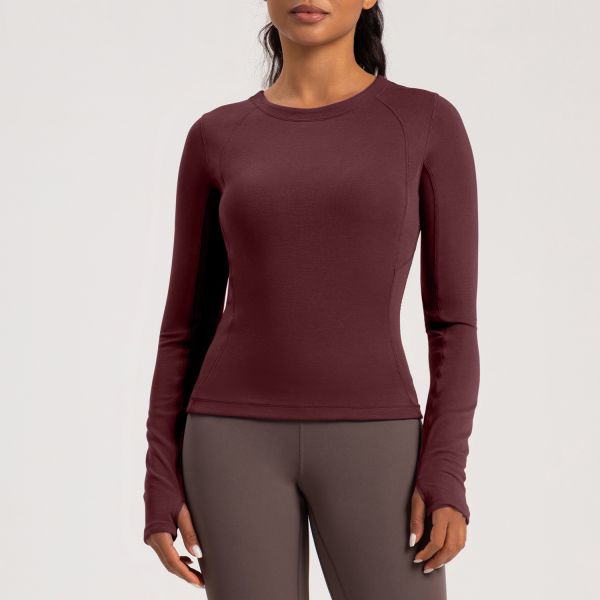 Long Sleeve Women Activewear Tops Slim Fit Olive Green Thumbhole Cuffs