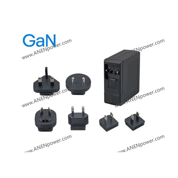 PD 65W GaN USB-C AC/DC Power Adapter & Power Supply, Interchangeable Plugs, 5V 9V 12V 15V 20V PD Fast Charging