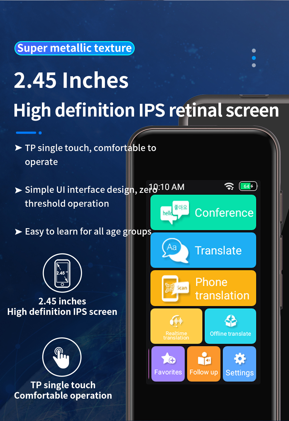 Multi Language Real Time Handheld Translation Device Online / Offline Voice Translator