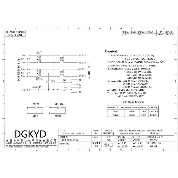 Communication Connection Socket RJ45 With Transformer Integrated Magnetics Jack  RJ45 Ethernet Socket 100Mbps Transformer With Light And Shielding Ethernet Filter KRJ-060SHGYZNL