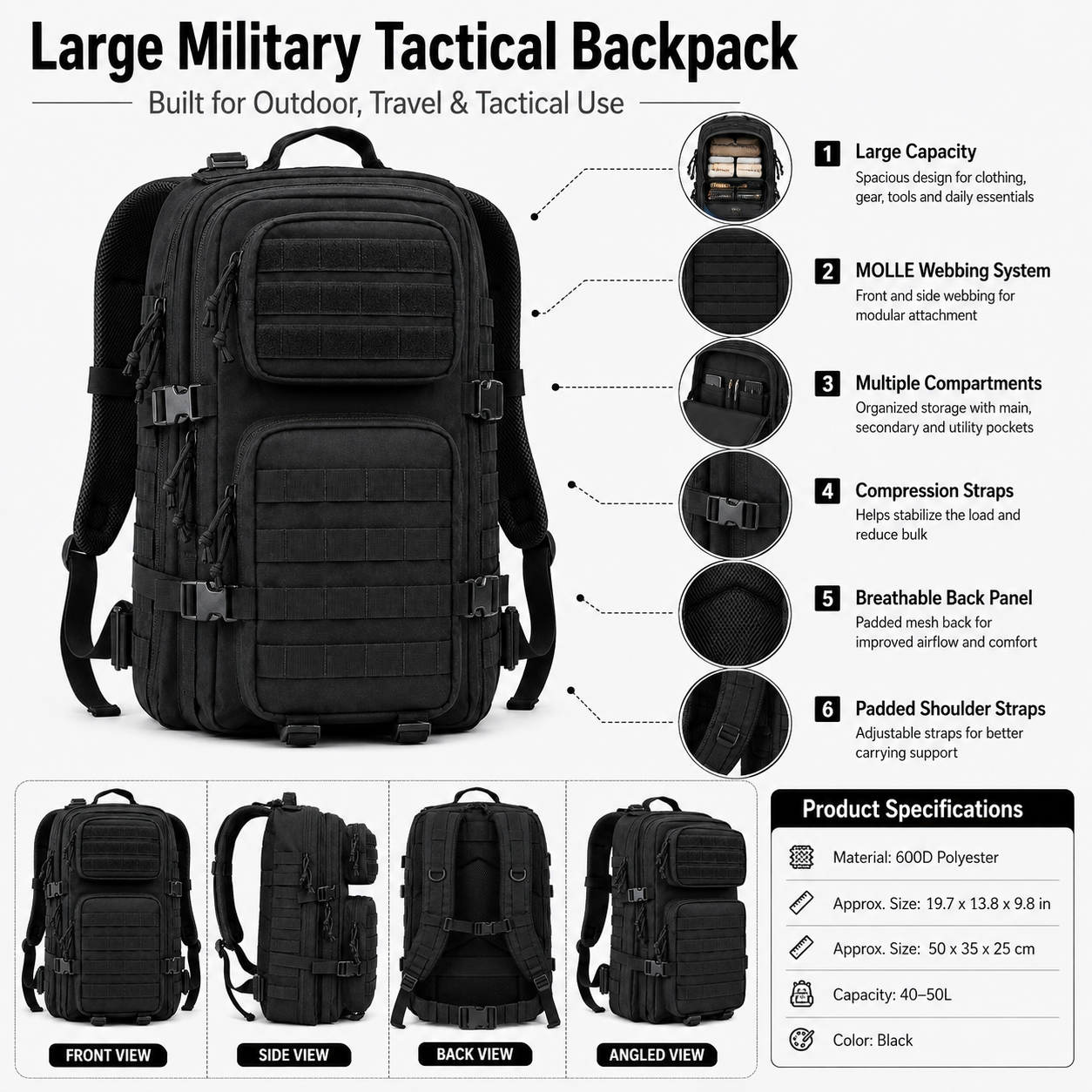 Large Military Tactical Backpack, 3-Day Assault Pack for Men, Heavy-Duty Army Rucksack for Hiking, Camping, Travel & Survival