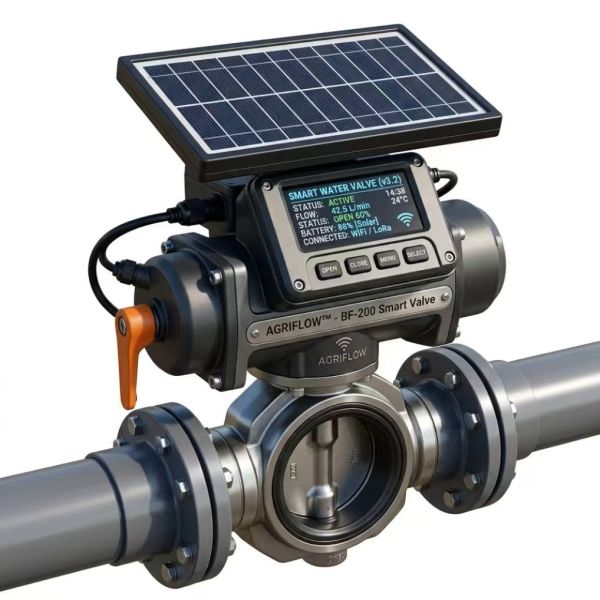 Smart Butterfly Electric Water Valve Solar Panel Digital Screen Control for Precision Agriculture