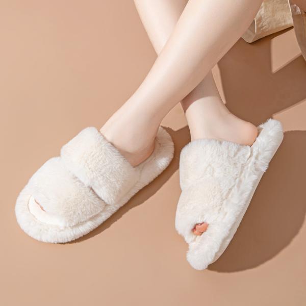Y-Z Plus Size Soft Cozy Plush Fluffy Open Toe Warm House Ladies Flat slippers for Women Plush Indoor Slipper