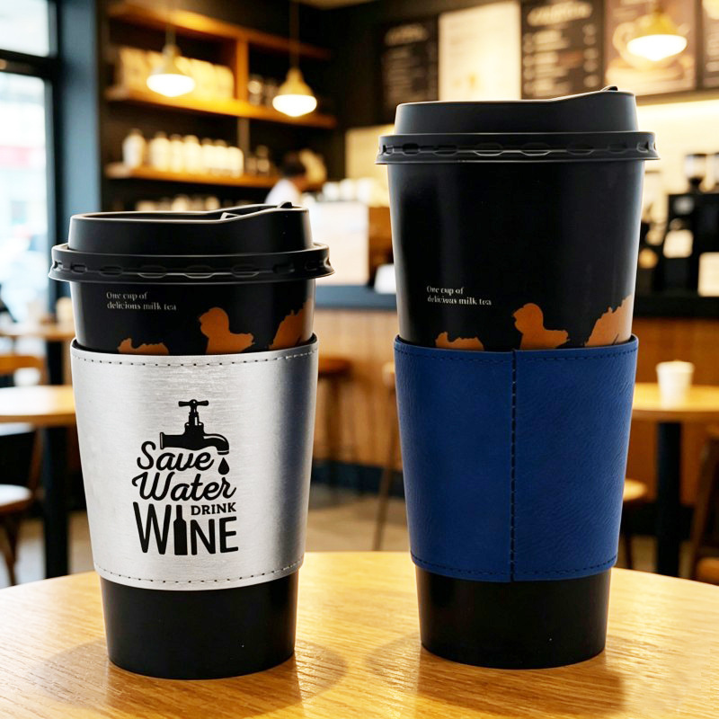 Blank Laser Engraving PU Leather Coffee Cup Sleeve, Heat Insulated Reusable Leather Cup Holder for DIY Custom Logo Text, Tumbler Coffee Cup Wrap for Crafts Wedding Gifts