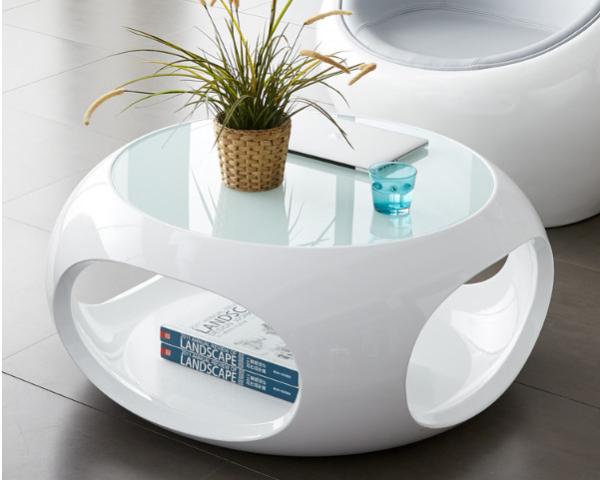 Modern Home Furniture Fiberglass Hole Glass Top Round Centre Coffee Table