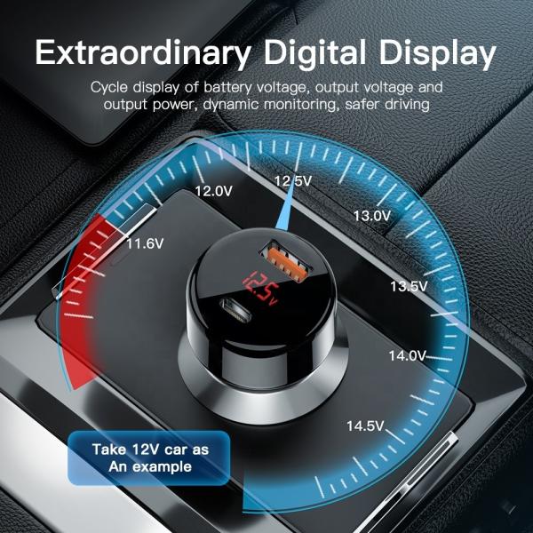 Digital Display USB A USB C Car Chargers OTP 65W Black Blue Color