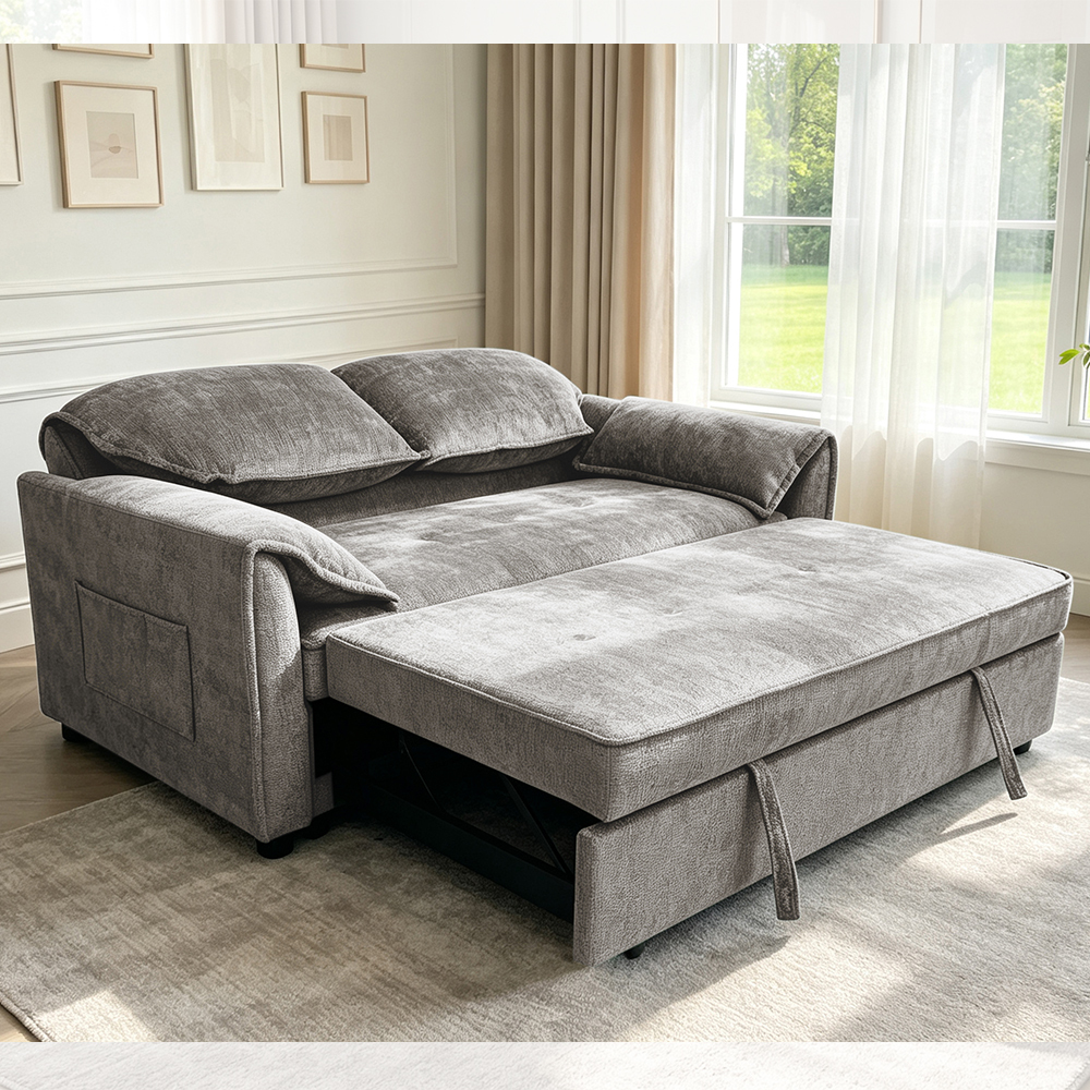 Futon Sofa Bed, Convertible Sleeper Sofa Bed, Comfortable Pull-Out Bed with Adjustable Backrest, Gray Fabric