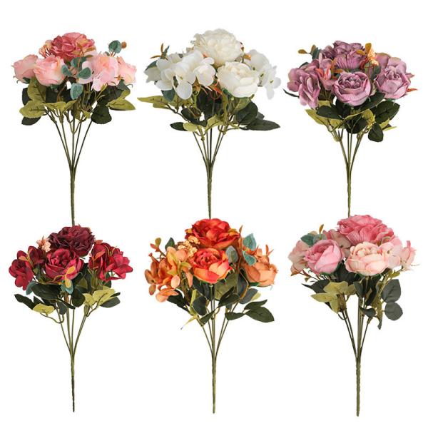 Simulated European style small handle bouquet of roses, fake flowers, living room home decoration, simulated bouquet of 6 hydrangeas, hibiscus roses