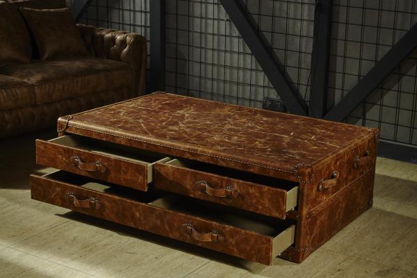 Antique Brown Vintage Leather Trunk Coffee Table 6 Drawers For Hotel / Home