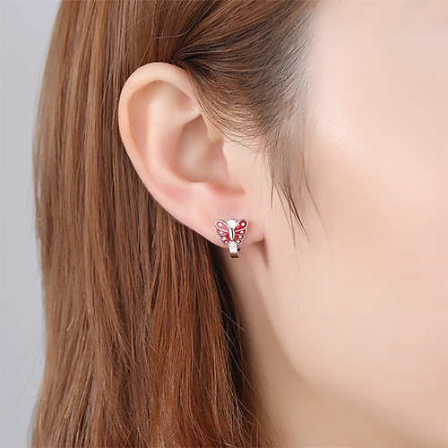 Бабочка Красный эмаль Детские серебряные серебряные серьги Белое золото
