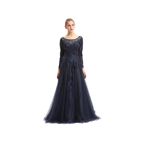 Fashion Dark Blue Tulle Fabric Ladies Evening Dresses / Formal Party Gowns