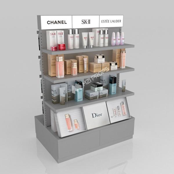 Retail Display Table Grey Wooden Island Cabinet For Compact Store Table And Fashion-Forward Store Display Furniture