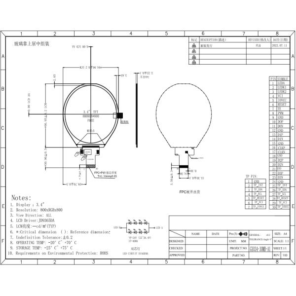 3.4'' 800x800 IPS TFT LCD Circular Instrument Screen Round Video HDMI Input Board