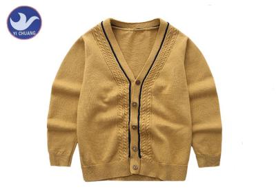 Small Cables Along Neck Brown Boys Cardigan Sweaters V Neck Long Sleeves Stripe