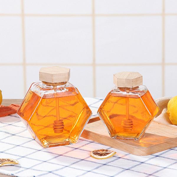 Деревянный опарник меда стекла шестиугольника Oz 13.4oz крышки 12 прозрачный