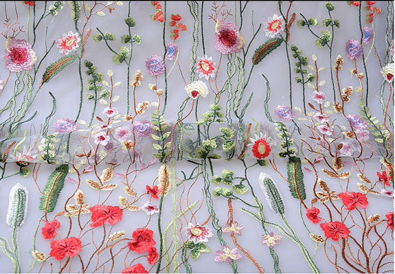 Heavy Embroidered Floral Tulle Lace , Delicate White Mesh Bridal Lace Fabric By The Yard