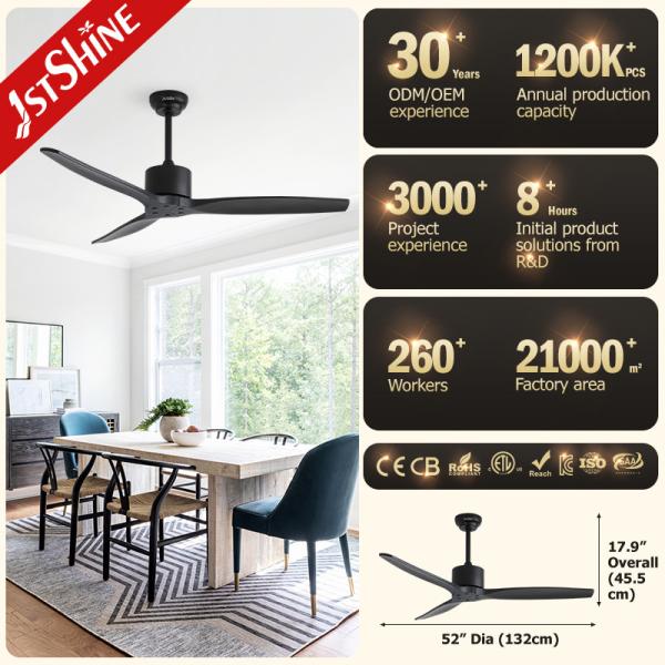 Ventilador de teto de madeira sólida elegante e elegante Alimentado por motor de corrente contínua com controle remoto
