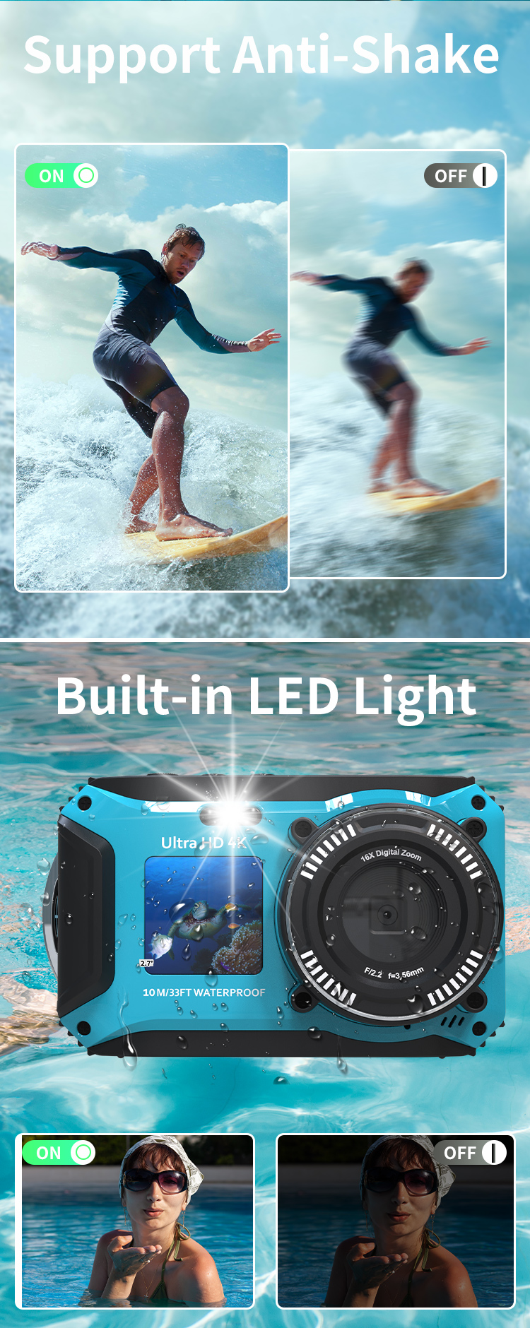 Vintage 4K 56MP 16X Zoom Dual Screen Waterproof Digital Camera With Anti Shake  LED Light and Auto Focus for Swimming and Diving
