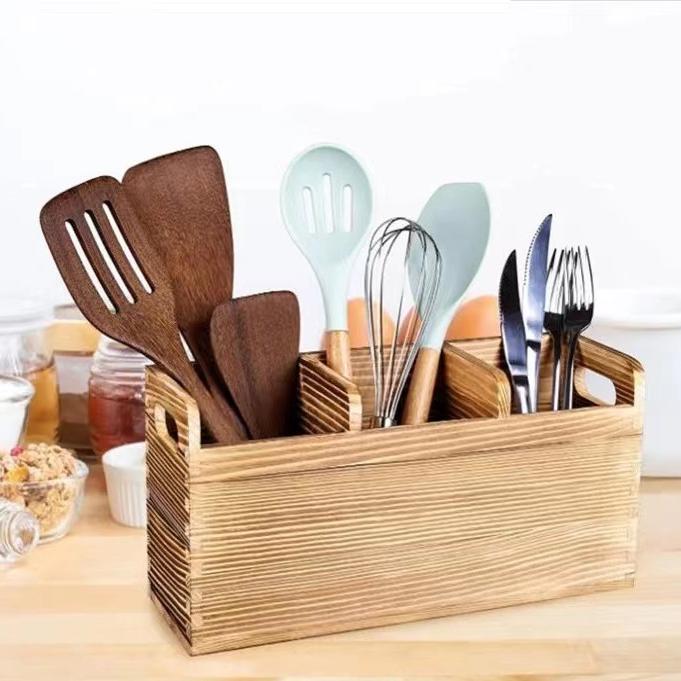 Wooden Kitchen Multifunctional Silverware Cooking Utensils Countertop Cutlery Storage Box Fork Spoon Knife Storage Box