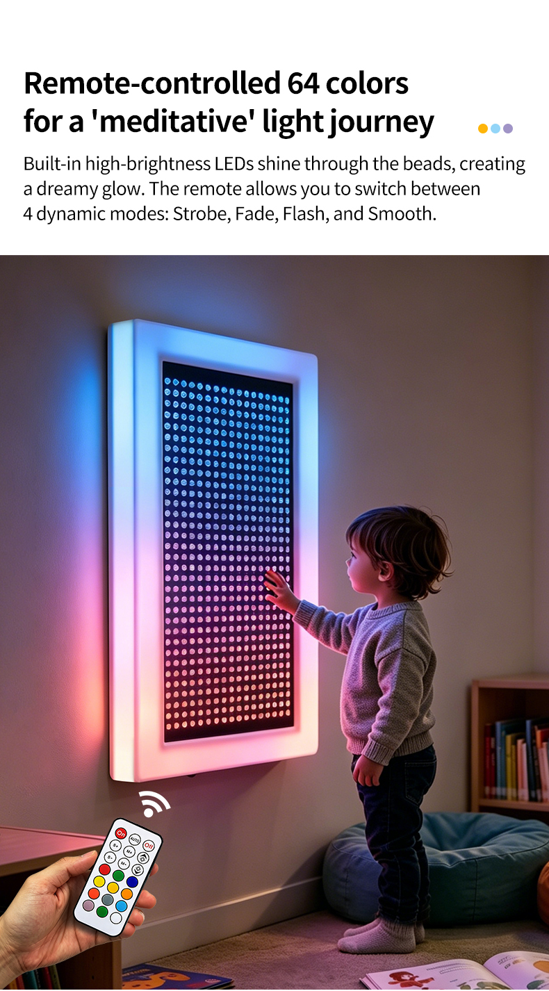 Interactive Sensory Wall LED Light Panel with RGB Color Changing and Customizable Dimensions for Kids Aged 2 to 14