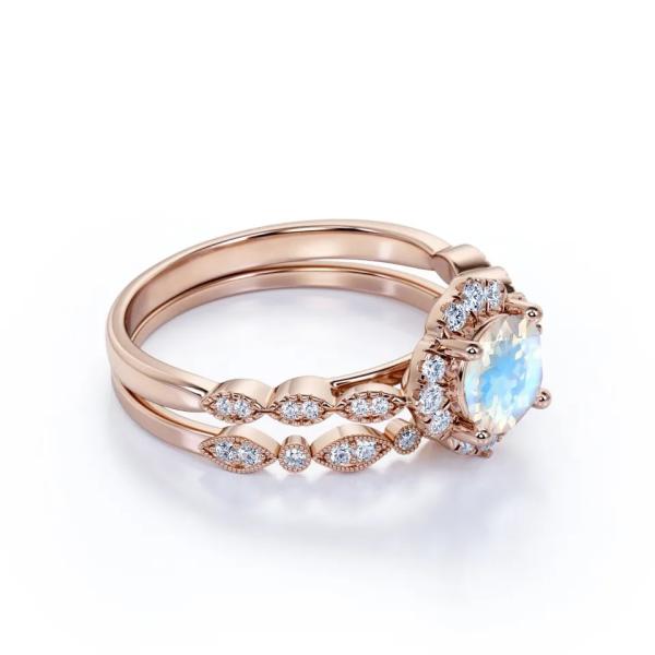 Новые обручальных колец Moonstone стиля 925 стерлинговый серебряный набор обручального кольца Moonstone голубых круглый