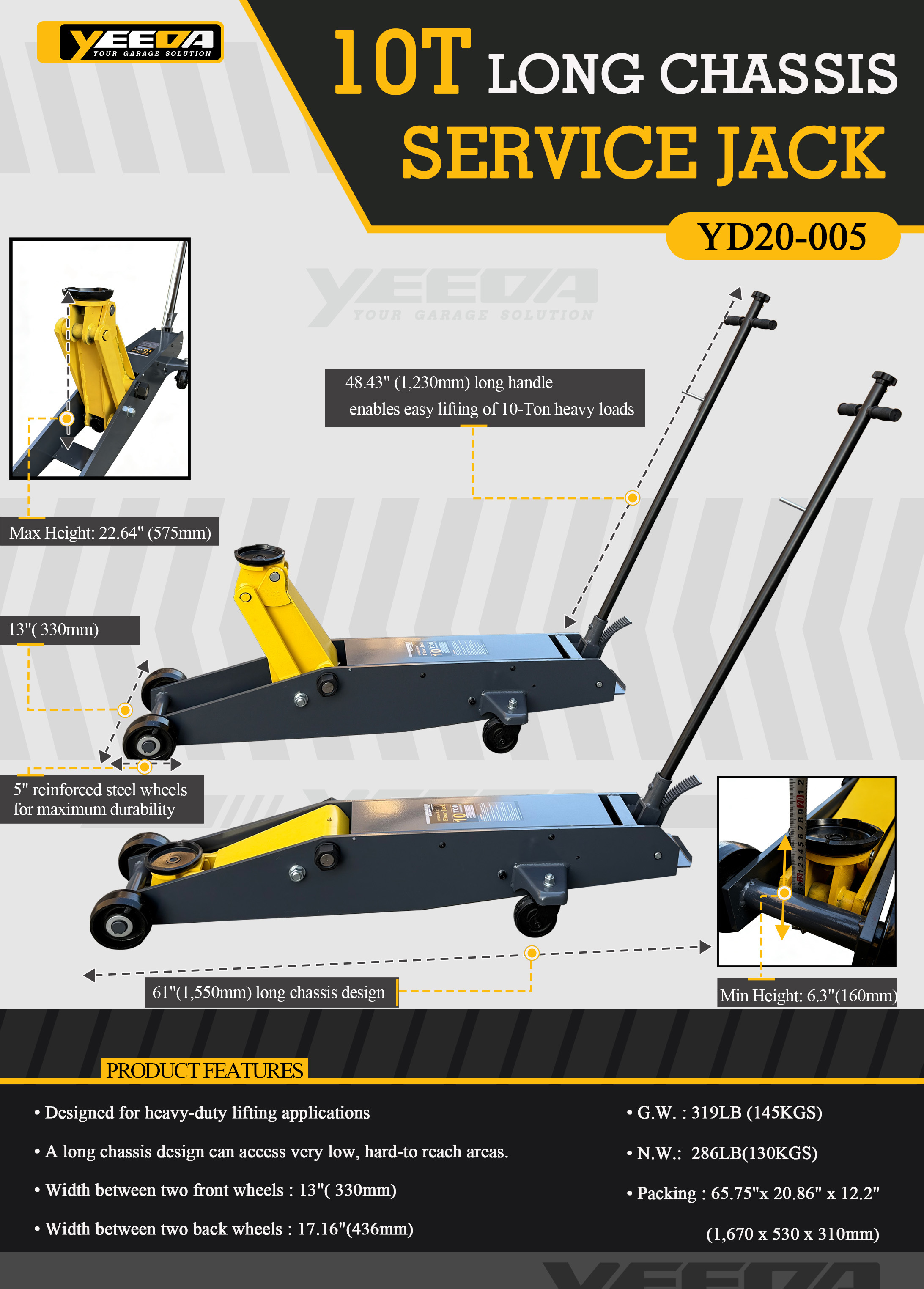 10T Capacity Long Chassis Service Jack with 61