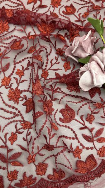 Red Embroidered Lace Fabric Leafy Mesh Ground for Party Dresses Clothing