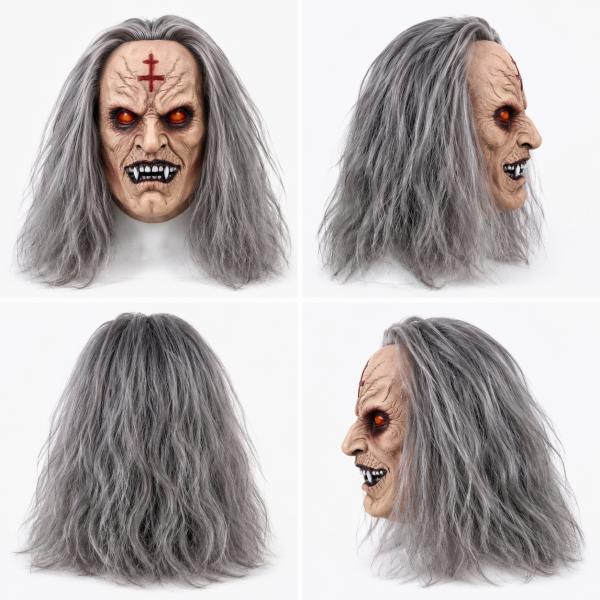 Scary Demonic Elder Zombie Latex Full Head Mask with Gray Hair Wrinkled Rotting Skin Red Glowing Eyes Sharp Horror Teeth Realistic Horror Costume Prop for Halloween Cosplay Party Haunted House