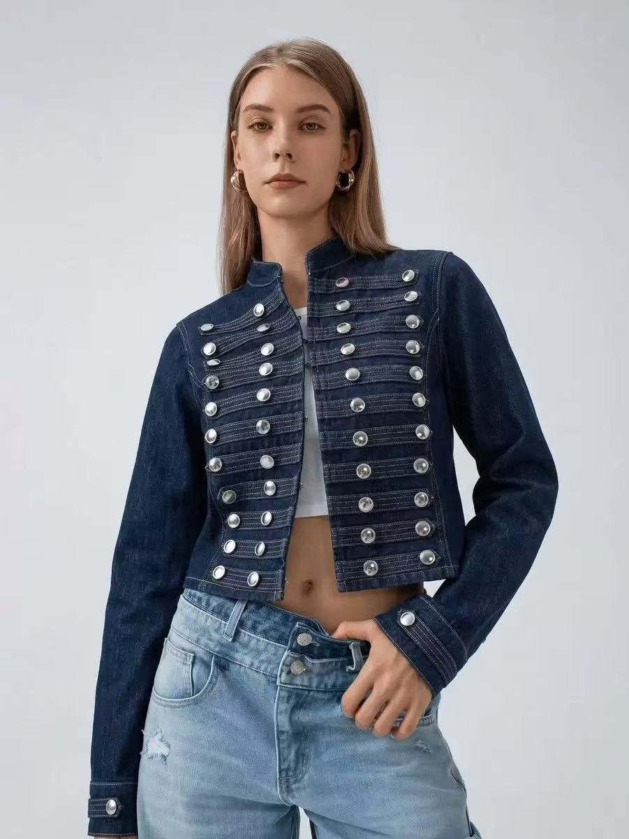 Women's Premium Denim Cropped Jacket with Double-Breasted Metallic Buttons