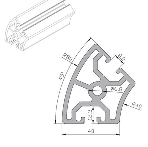 45 Degree 6063 T Slot Aluminium Extrusion Profile Arc Two Opposite Sides