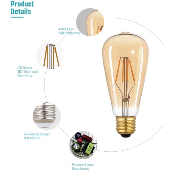 шарик СИД 2700k Edison шариков желтого света 540lm 6W ST64 винтажный крытый