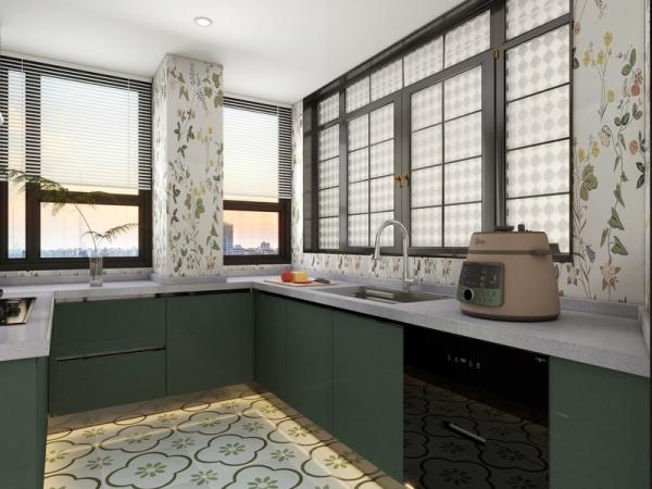 U-Shaped Stainless Steel Kitchen Cabinet With Elegant Green Finish