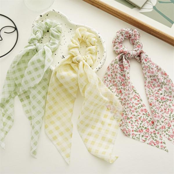 Spring summer fresh floral temperament streamer hairband girl head rope check large hair band leather band headdress
