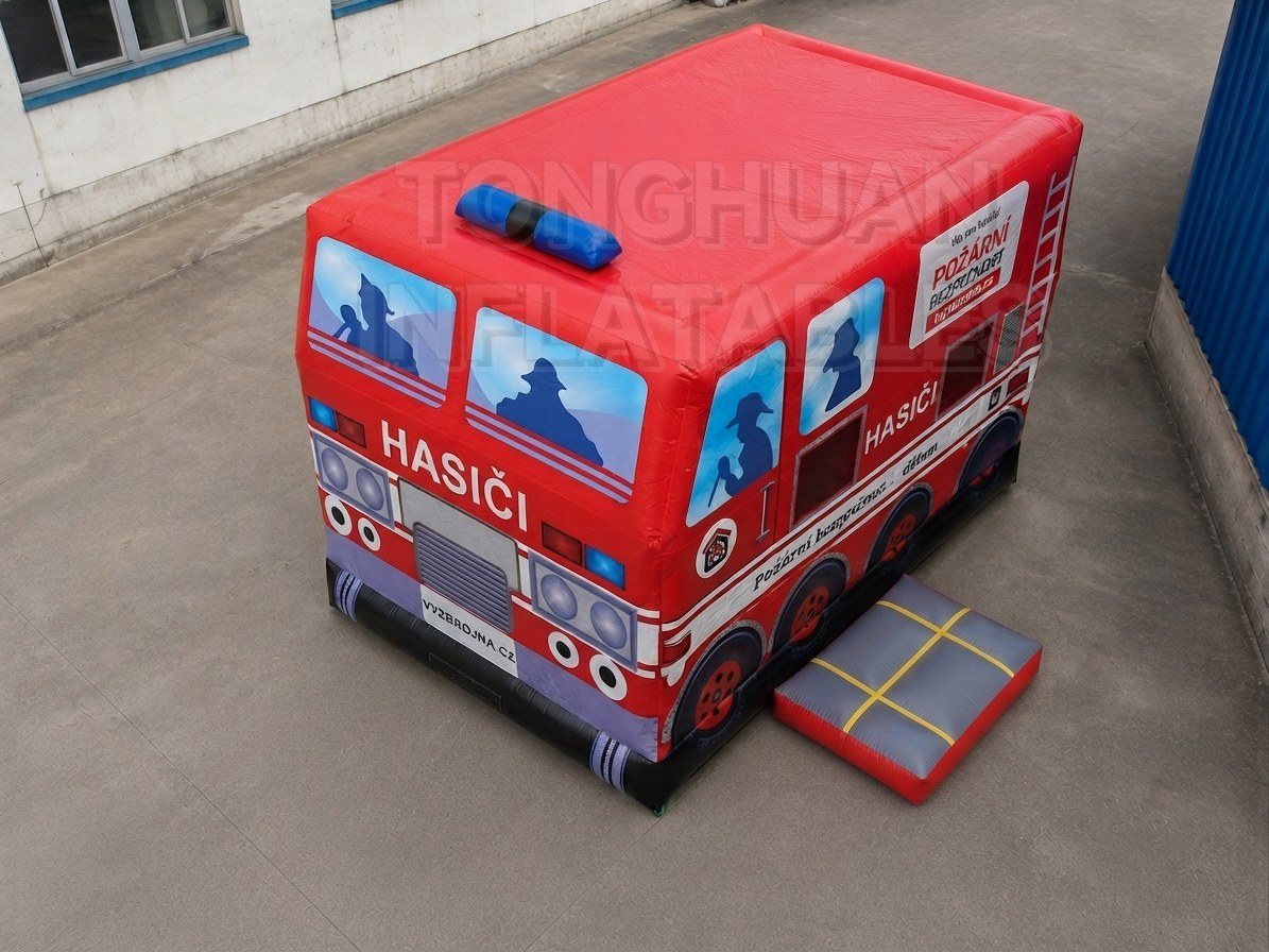 Custom Fire Truck Bounce House with Ladder Graphics and Bounce Area for Schools Festivals Brand Events and Playgrounds
