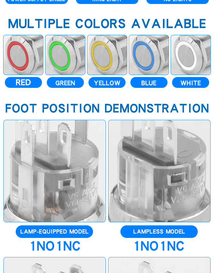19MM metal button self-reset self-locking with light, two normally open, two normally closed, 6 or 8 pins, round waterproof double-throw switch