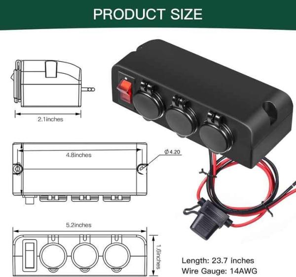 Adaptador cargador de encendedor de cigarrillos de 3 puertos 12V/24V con panel multifunción