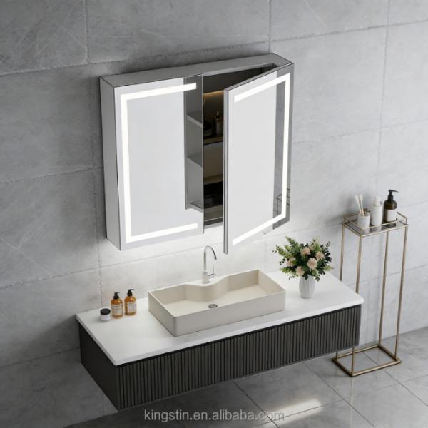Kingstin Double Door LED Lighted Bathroom Mirror Cabinet with Storage Shelves Anti-Fog Illuminated Mirror for Vanity Setup