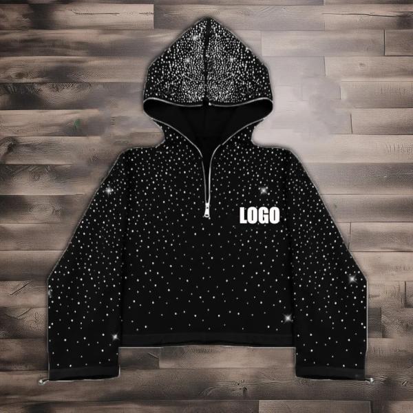 Streetwear custom 380 500gsm men's french terry fleece all over print rhinestone boxy cropped full face half zip up hoodie men