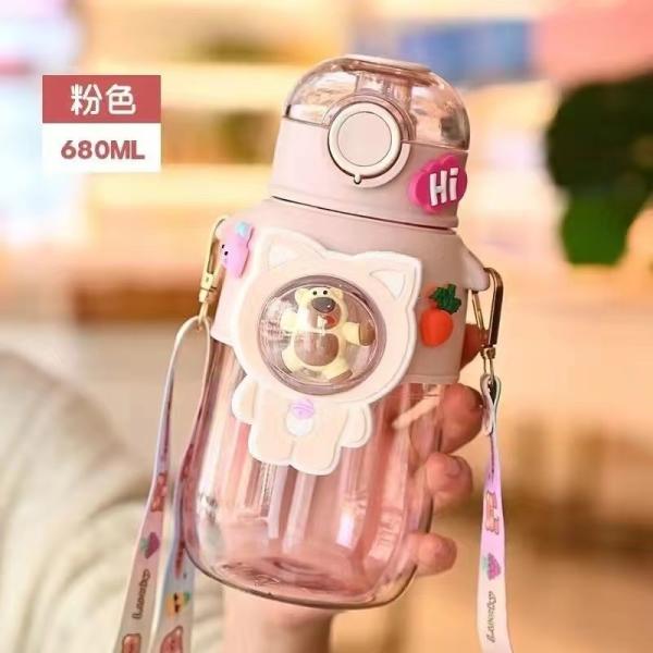 PP Plastic Water Bottle With Straw Best for Kids Outdoor Sports Bear Cartoon Design 680ml