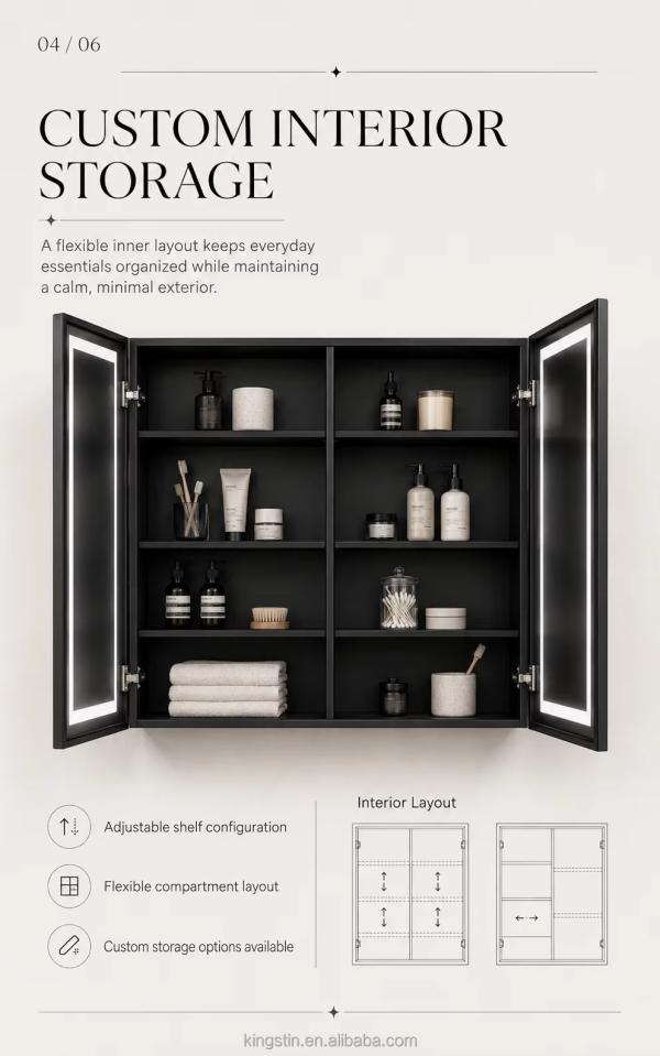 Kingstin Luxury Customizable LED Bathroom Mirror Cabinet with Anti-Fog Dimmable Light & Adjustable Storage Matte Black