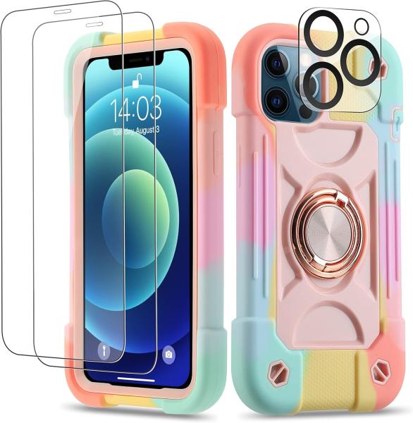 iPhone 12 Pro Max Case 6.7 - Heavy-Duty Shockproof, Ring Stand, Glass Screen & Camera Lens Protector (Rainbow Pink)