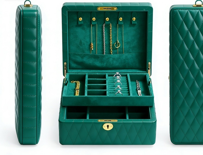 Luxury Emerald Green Quilted Leather Jewelry Box with Built-in Lock and Multi-Layer Organizer